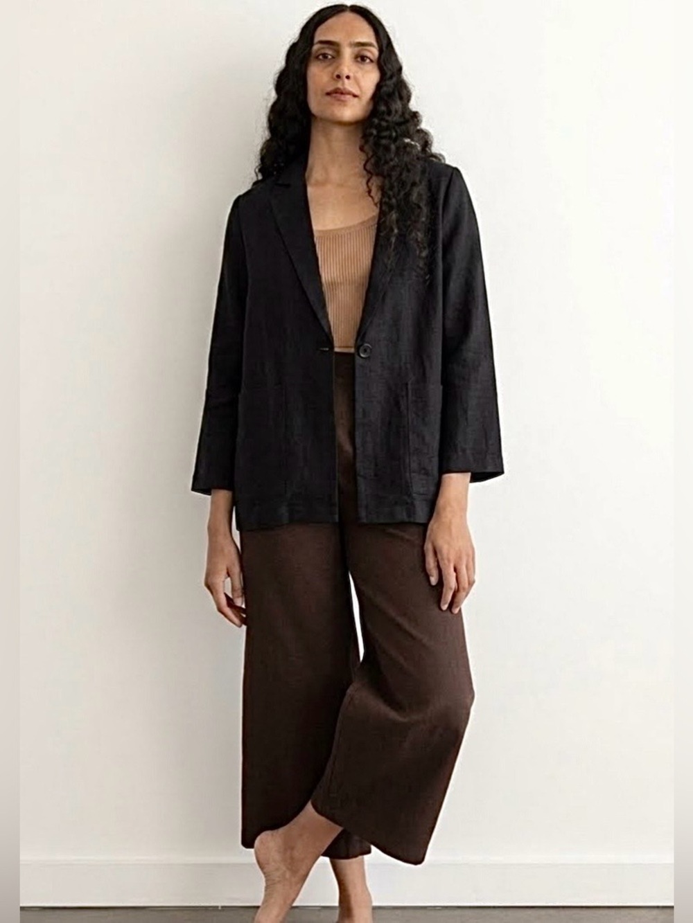First Rite Everyday Linen Blazer Size Medium Washed Black USA Designer